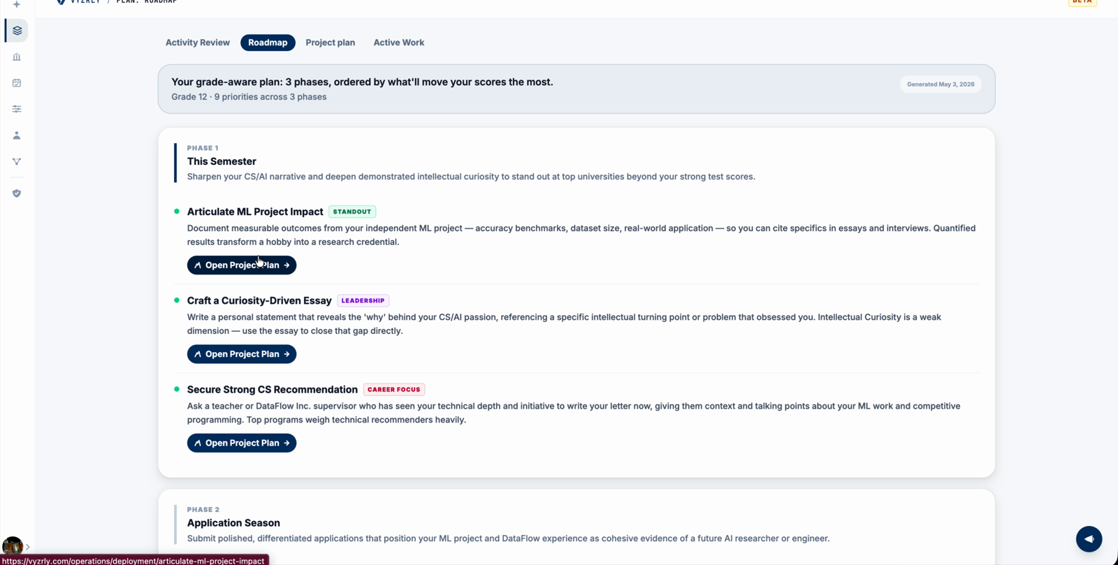 Vyzrly Academic Roadmap screenshot